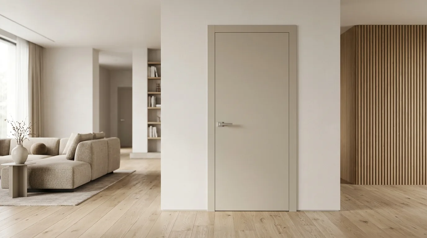 Sala contemporânea com porta interna WPC na cor fendi