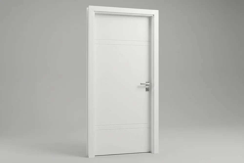 Porta WPC modelo Negativa/Friso branca, com frisos horizontais no topo e na base