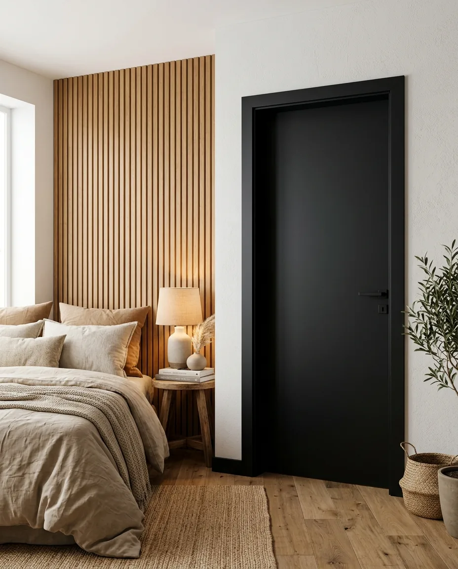 Quarto aconchegante com porta WPC preta fosca
